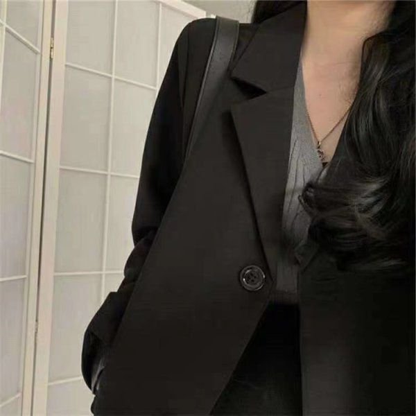 Elegante giacca oversize in tweed con texture 3D nera, cappotto lungo e rilassato da lavoro e weekend, blazer monopetto in poliestere per studenti da ufficio_voghion.com