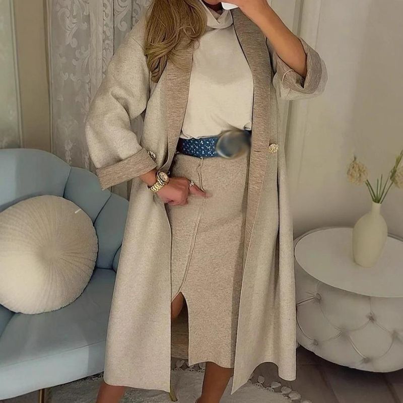 Dameskleding Fleecejas Elegante dubbelzijdige wollen jas Dames lange trenchcoat Oversized blazerstijl met gekartelde revers - Grijs & Kaki_voghion.com