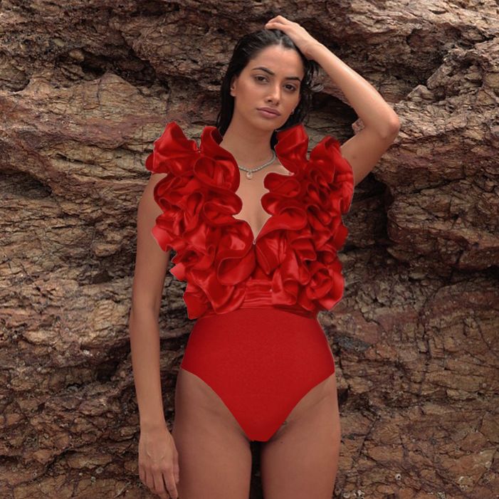 Maillot de bain une pièce élégant en dentelle avec décolleté en V profond, armatures et rembourrage – Maillots de bain élégants pour femme (rouge, noir, blanc, noir et blanc) – S/M/L/XL_voghion.com