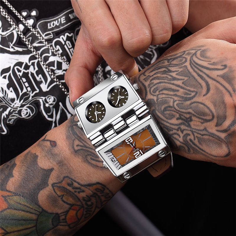 OULM 9525 Große Herrenuhr mit einzigartigem Design, drei Zeitzonen, einzigartige Militäruhren für Herren, Punk-Stil, Lederarmband_voghion.com