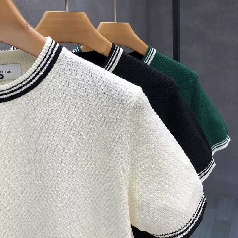 Colorblock gestreepte trui met korte mouwen voor heren, zomerse ijszijde, Britse business slim fit binnenshirt_voghion.com