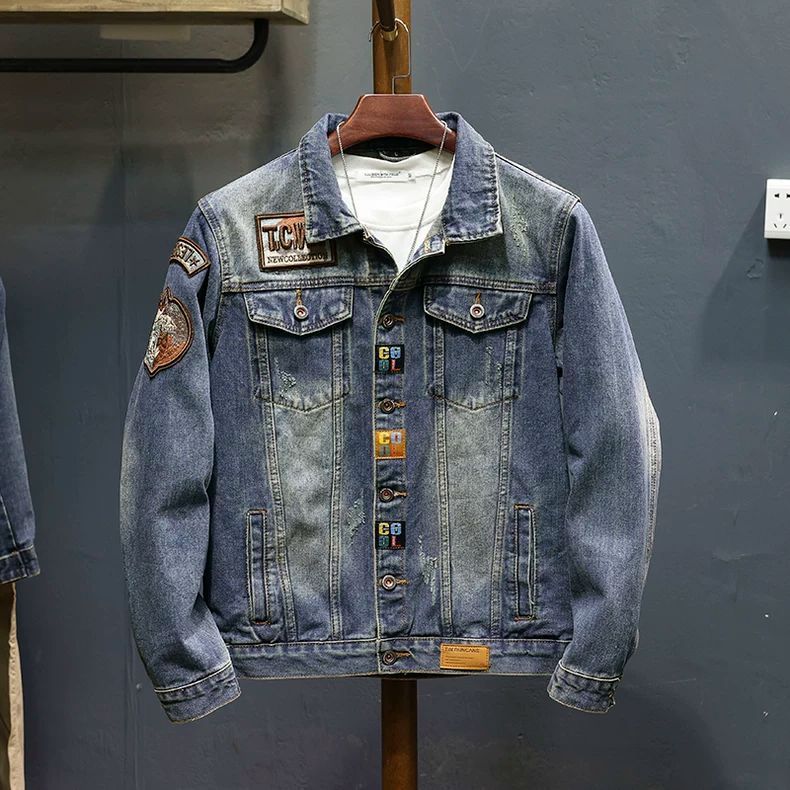 Giacche di jeans da uomo con bottoni in tessuto a bordo, originali, prezzo basso, costo più basso, cappotto da cowboy Y2k largo per uomo con ricamo_voghion.com