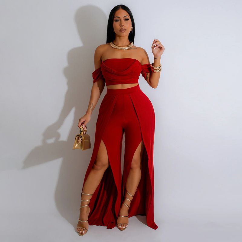 Γυναικεία ρούχα casual κοστούμι Tube Top Split Φαρδύ παντελόνι_voghion.com