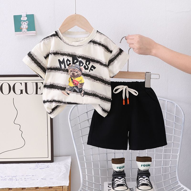 Ensemble deux pièces à manches courtes pour enfants, style décontracté et élégant, col rond, motif dessin animé, tendance, nouvelle collection été 2025_voghion.com