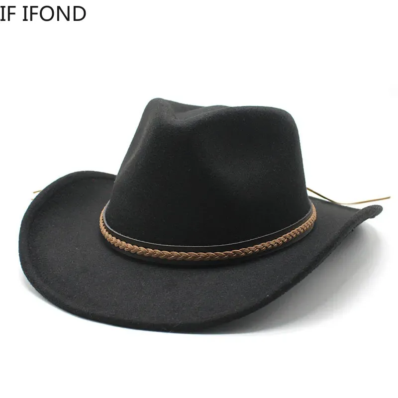 Modny zimowy kapelusz kowbojski z podwiniętym rondem i skórzanym retro dżentelmenem, damską czapką jazzową, kowbojką, kościelną, sombrero_voghion.com