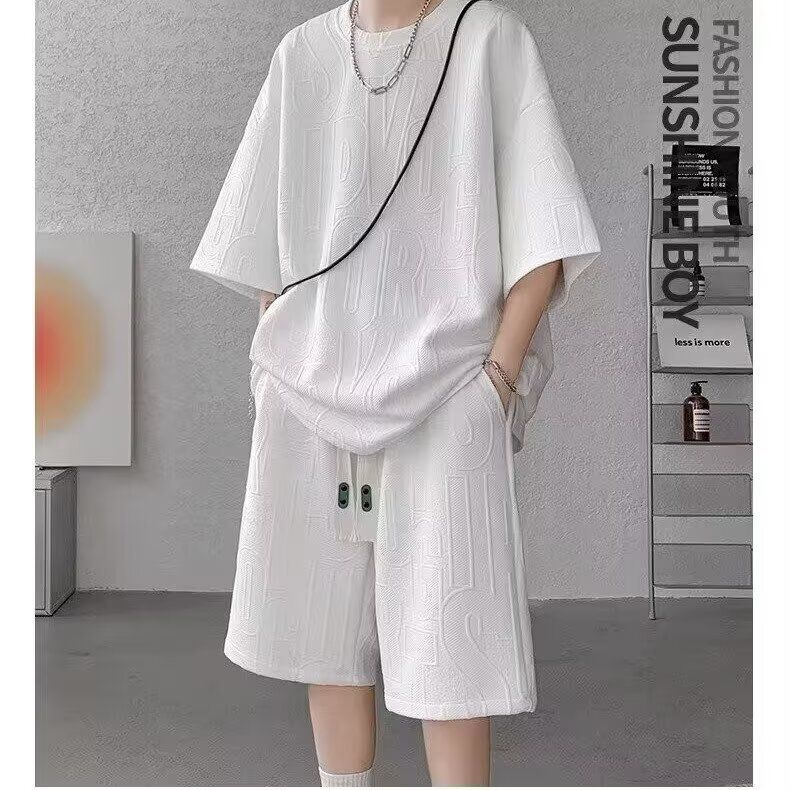 Short Sleeve Casual Sports For Men, Thin Summer Outfit, Loose Fit, Five-Point Shorts Two-Piece Set, Waffle Texture Suit_voghion.com
