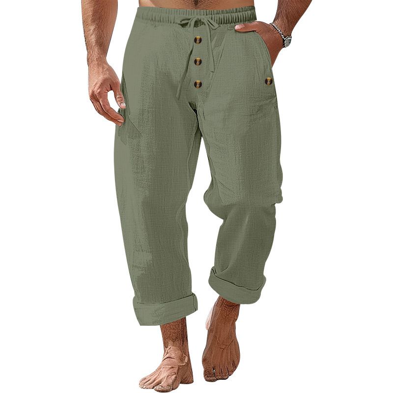 Pantaloni da spiaggia primaverili e autunnali da uomo, in cotone e lino, tinta unita, larghi, con coulisse e bottoni, casual, da uomo_voghion.com