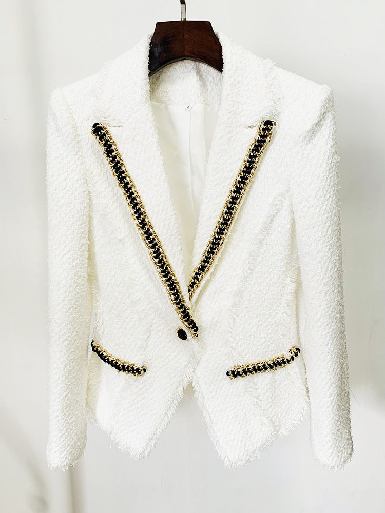 Damenbekleidung: Schicke, mit schweren Kettenperlen verzierte Tweedjacke mit Fransendetails – elegante Bürokleidung für Damen (Weiß, S/M/XL/XXL)_voghion.com