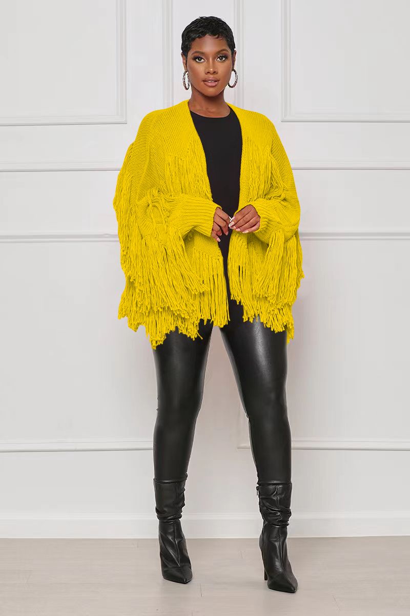 TS1240 new women's solid color knitted tassel short cardigan jacket_voghion.com