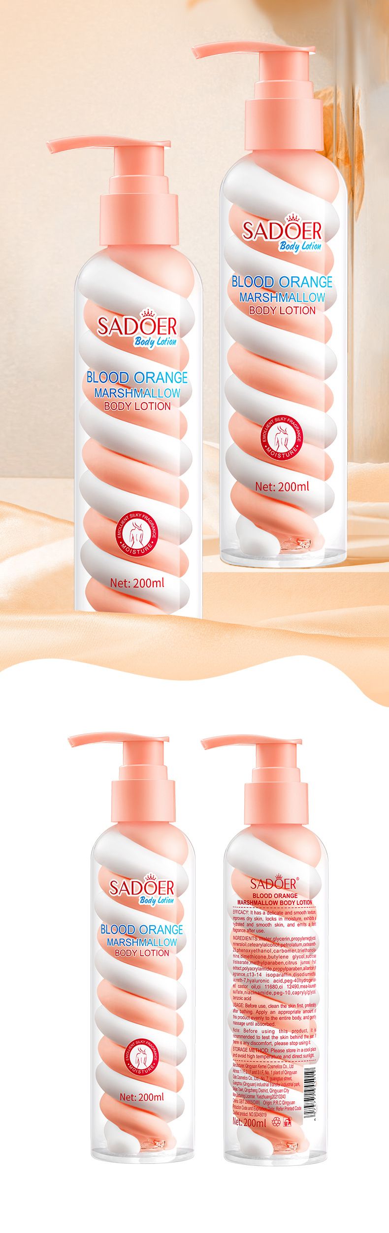 SADOER Blutorangen-Marshmallow-Körperlotion, 200 ml, Niacinamid, Avocado-Frucht-Körperlotion_voghion.com