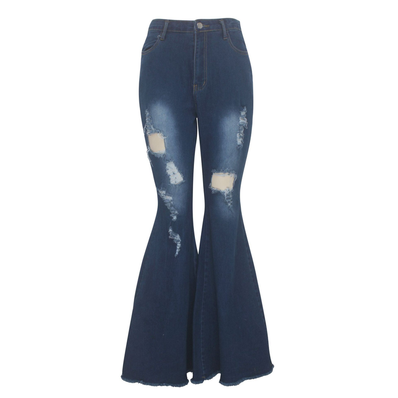 Modische Damenbekleidung mit weitem Bein, ausgewaschener, zerrissener Denim-Stretch-Schlaghose_voghion.com