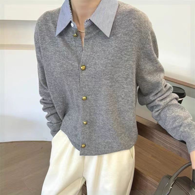 Women's Fake Two-Piece Knit Cardigan – Korean Style Shirt Collar, Lightweight & Versatile For Spring & Summer_voghion.com