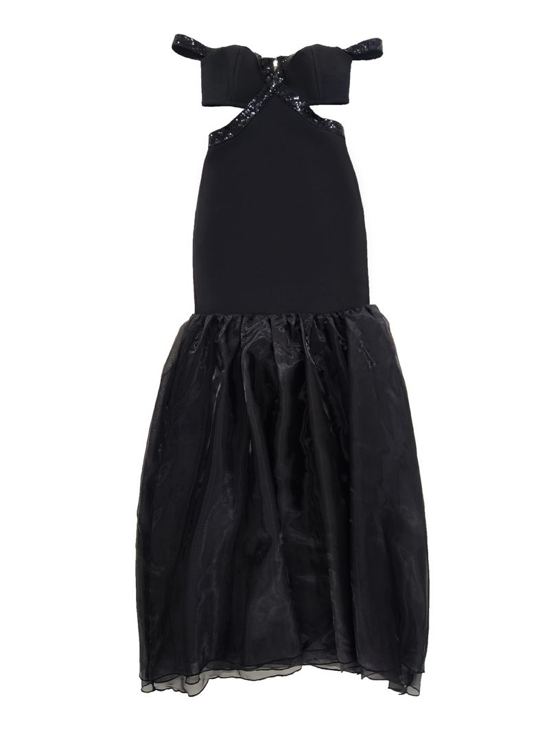 Elegante abito da sera a sirena con spalle scoperte, fasciatura, rete trasparente e vita alta per donna_voghion.com