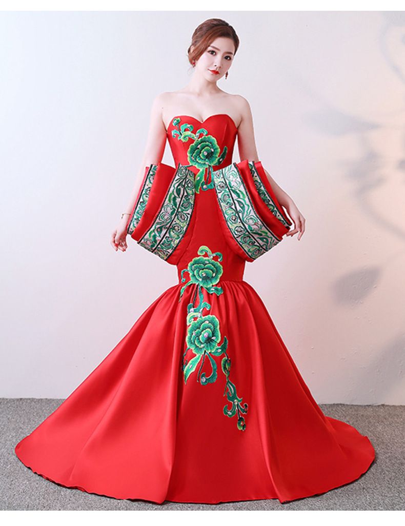 Handbesticktes rotes chinesisches Abendkleid mit abnehmbarer Schleppe – Elegantes Meerjungfrauenkleid für Bühnenauftritte, Modenschauen und kulturelle Veranstaltungen_voghion.com