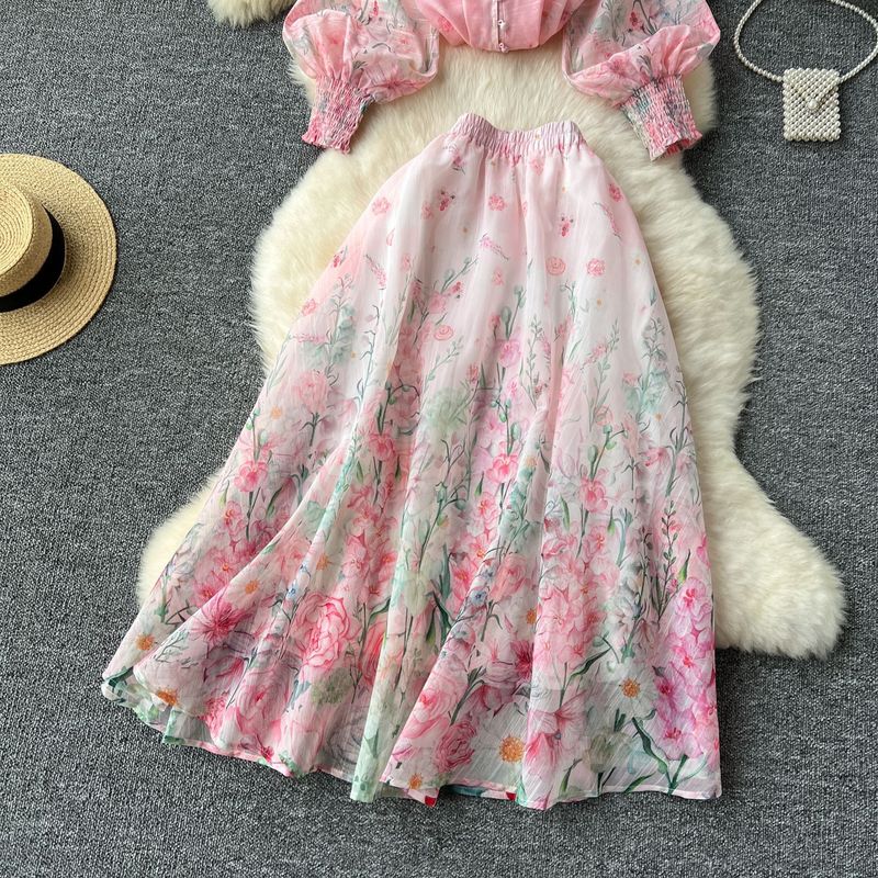 Women's clothing women's two-piece suit, ladylike temperament, lantern sleeve button-down slim-fitting top, high waist printed mesh skirt_voghion.com