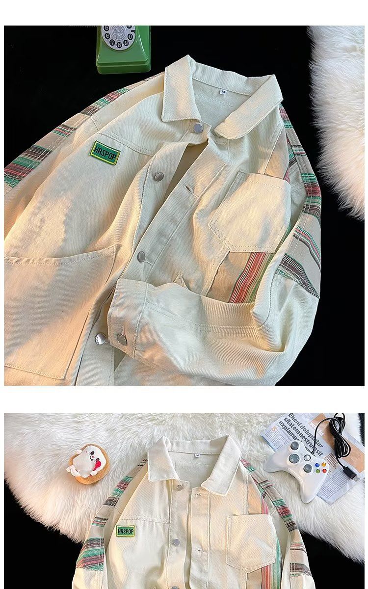 Jeanshemdjacke im Hongkong-Stil für Herren – Übergroßer Vintage-Mantel zum Knöpfen mit Kontrastbesatz und schrägem Saum_voghion.com