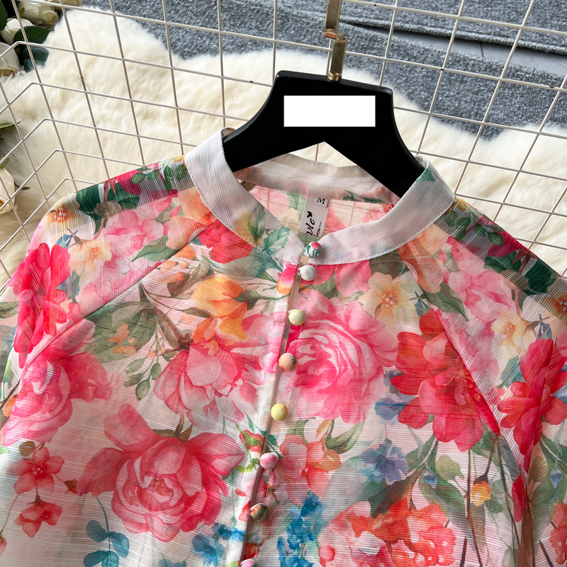 Women's clothing women's two-piece suit, ladylike temperament, lantern sleeve button-down slim-fitting top, high waist printed mesh skirt_voghion.com