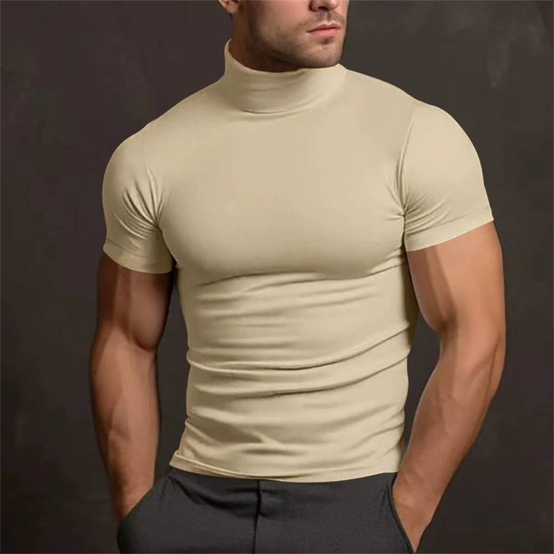 Summer 2025 European-Amecian Fashion Top Tee Men's Half High Collar Pure Color Short Sleeve Skinny T-Shirt S-3XL_voghion.com