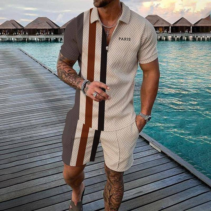 Neues modisches Poloshirt-Set mit Reißverschluss für Herren, lässig, mit 3D-Druck, kurzärmelige Hemden und Shorts_voghion.com