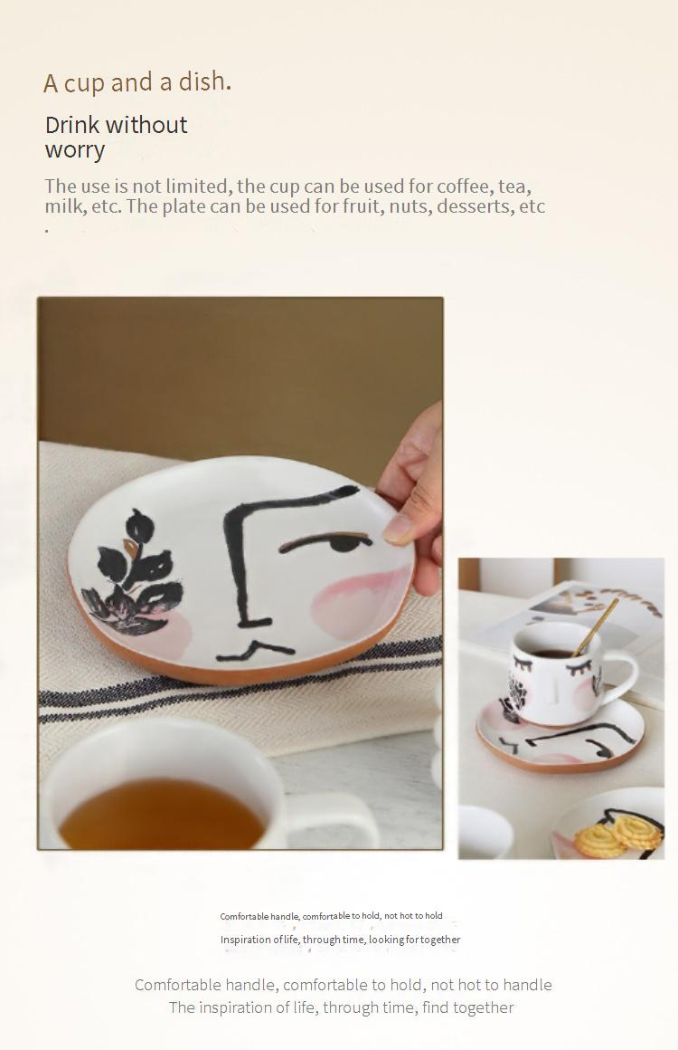 Abstract Face Design Coffee Mug Set - Minimalist Ceramic Cups With Saucers Artistic Oil Painting Style For Breakfast & Tea Time_voghion.com