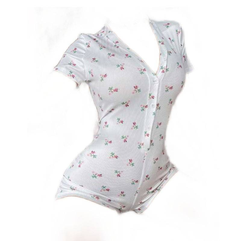 Women's Sleepwears Style Floral One Piece Shorts Home Clothes V Neck Short Sleeved One Piece_voghion.com