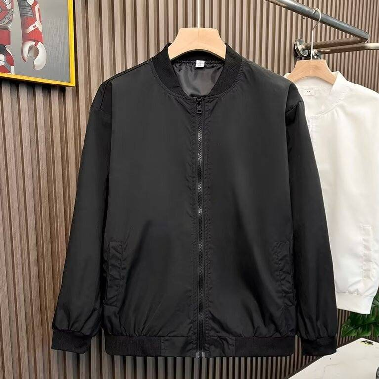 Men's Slim Fit Bomber Jacket - Streetwear Baseball Coat, Windproof Lightweight Zip-Up Jacket For Spring Fall, Black/White_voghion.com