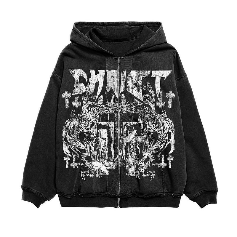 Unisex Gothic Print Zip-Up Hoodie mit Baumwollfutter - Oversized Streetwear für Männer & Frauen_voghion.com