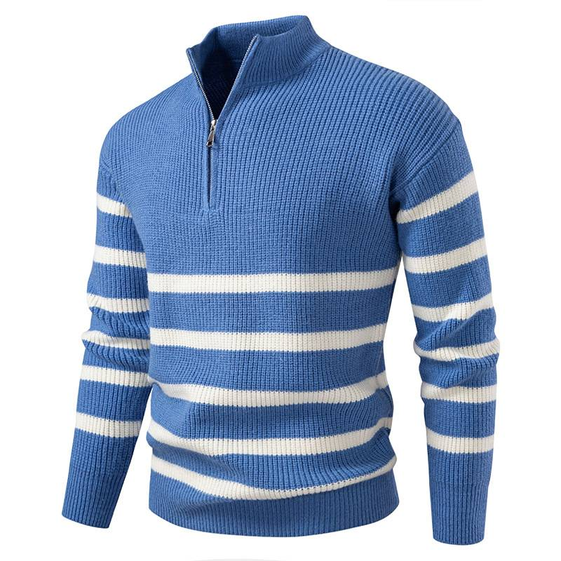 Men's Half-Zip Stripe Knit Sweater – Stand Collar Pullover With Modal-Spandex Blend (Breathable, Anti-Pilling, Relaxed Fit, Machine Washable)_voghion.com