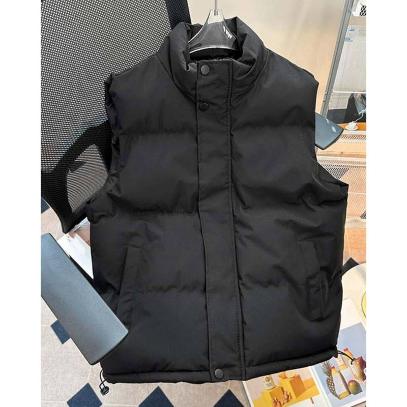 Men's Oversized Vest – Thickened Polyester Gilet With Stand Collar & Button Accents (S-5XL, Black/Beige, Wrinkle-Resistant)_voghion.com