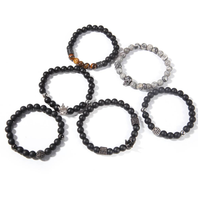 Bijoux pour hommes et femmes - Bracelet élégant en perles d'onyx noir avec motif tête de mort et zircons, finition mate, pour une soirée hip-hop rock en amoureux_voghion.com
