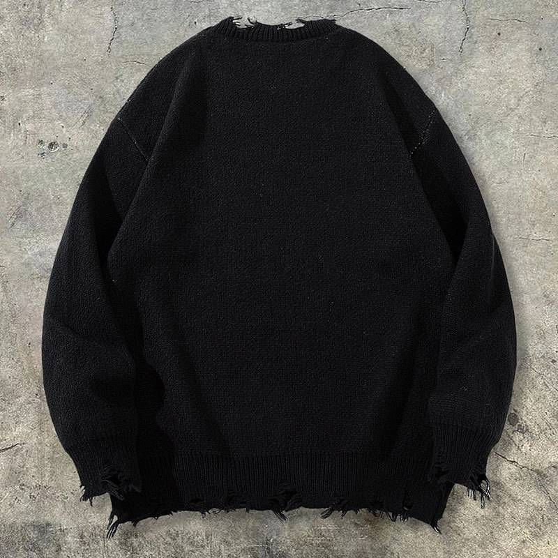 Distressed Letter Print Sweater – Oversized Unisex Pullover For Men & Women (Black, S/M/L/XL)_voghion.com