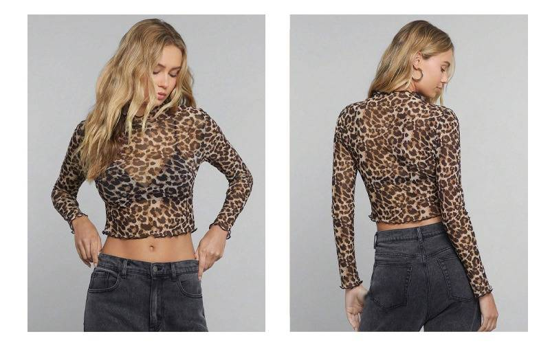 Women's Clothing Elegant Women's Mesh Leopard Print Stand Collar Long Sleeve Cropped T-Shirt – Stylish & Comfortable Fit_voghion.com