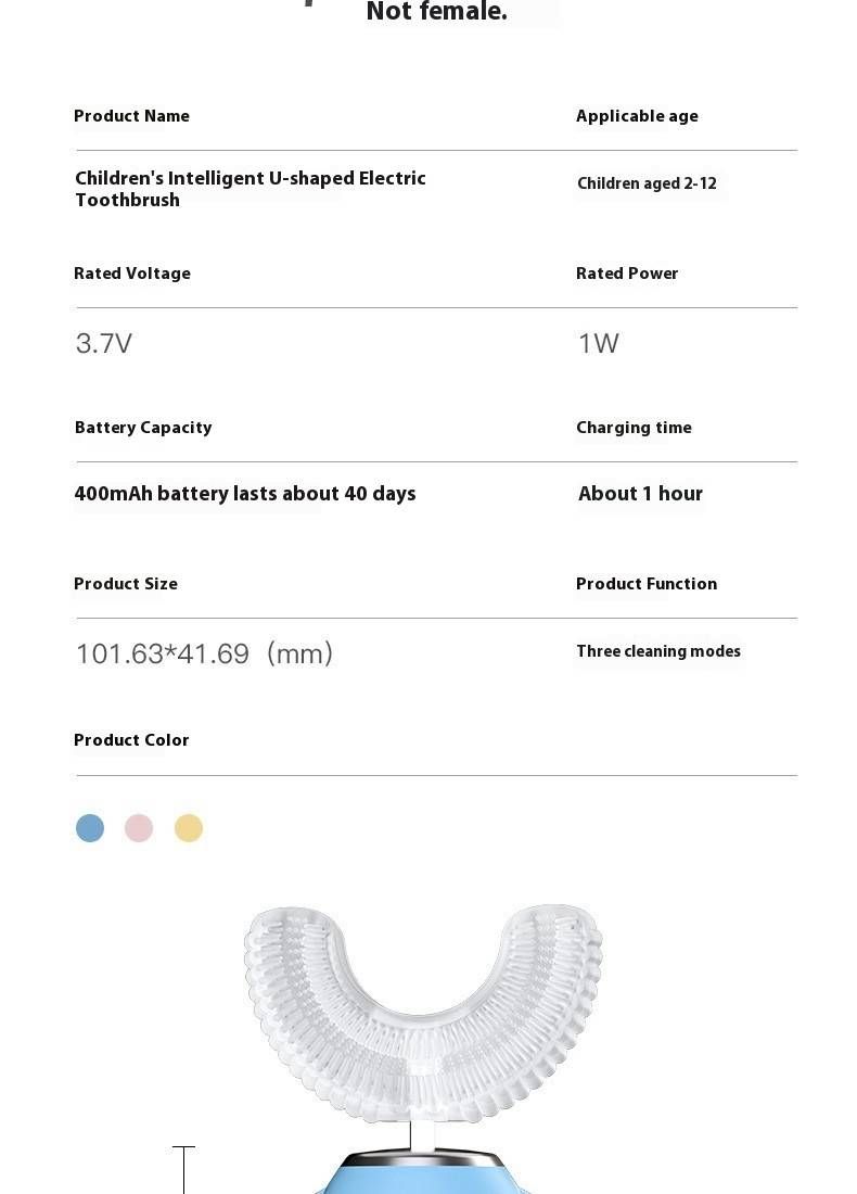 Cepillo de dientes eléctrico infantil en forma de U: 3 modos, limpieza de 360°, cerdas suaves de silicona, silencioso (36 dB), recargable, diseño de elefante (con pasta de dientes)_voghion.com
