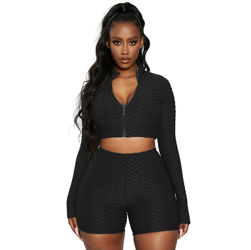 Trendy effen trainingspak met ananasprint voor dames – bijpassende casual outfit met lange mouwen (S/M/L/XL/XXL)_voghion.com