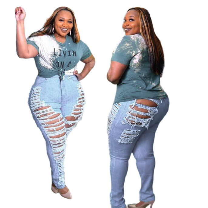 Dameskleding HSF2328 grote maten dameskleding gepersonaliseerde gescheurde slanke stretchdenim petite broek_voghion.com
