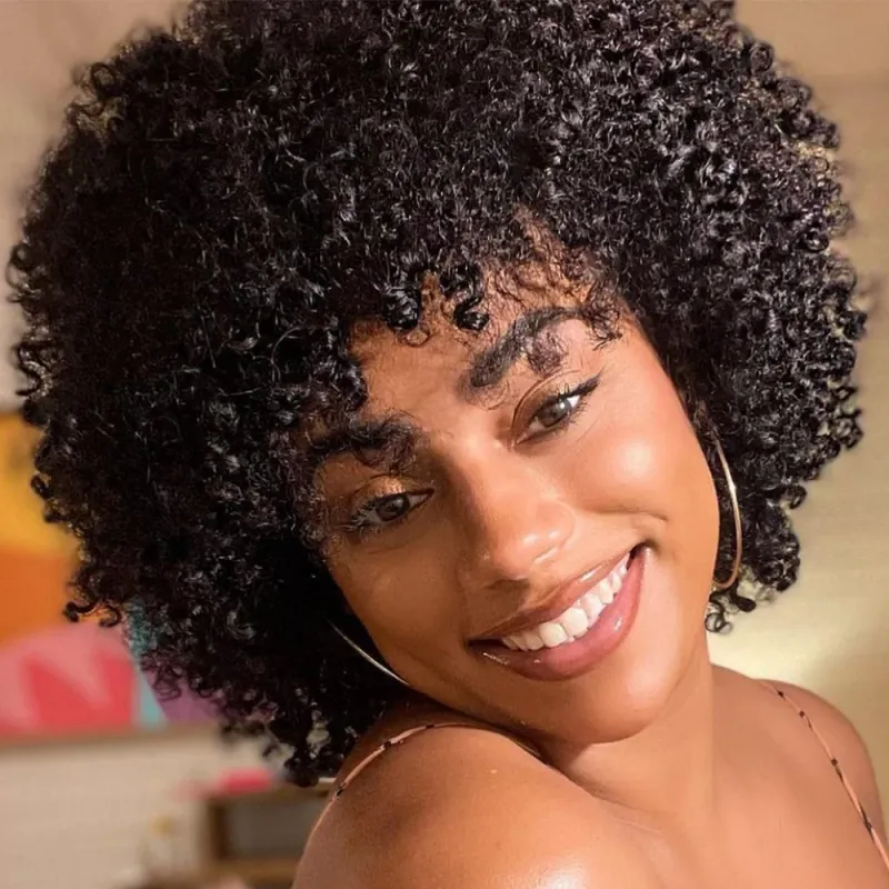 Afro Kinky Kıvırcık İnsan Saçı Perukları Kısa Kesim Bob Patlama Koyu Vurgu Kahverengi Renk Makine Yapımı Ucuz_voghion.com