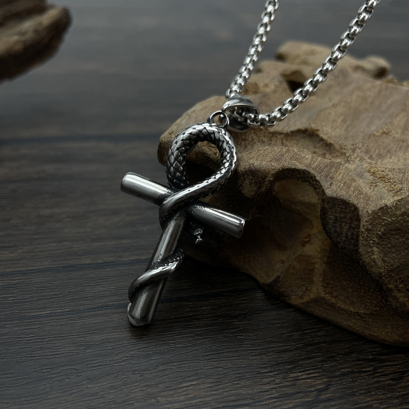 Manba Snake Cross Pendant Trendy Men's Personalized Titanium Steel Necklace_voghion.com