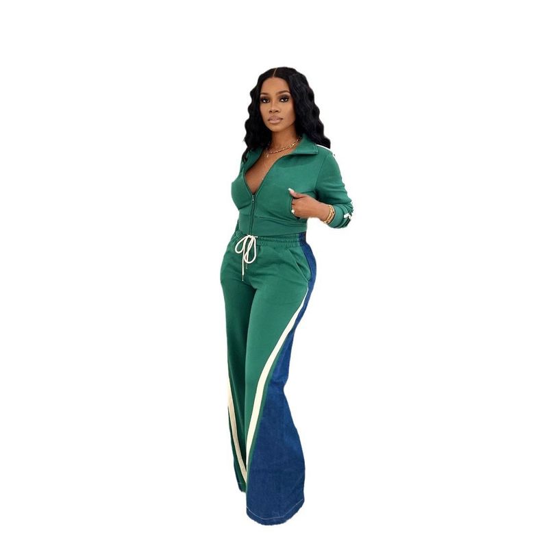 4725 Vêtements pour femmes De Rong Ensemble deux pièces en denim et pantalon de survêtement patchwork côtelé 4 poches_voghion.com