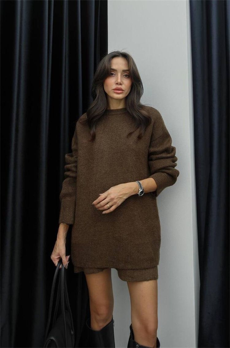 Set van oversized gebreide trui en minirok voor dames (ademend polyester, grijs/beige/rood/zwart/karamel, S/M/L/XL, streetwear)_voghion.com
