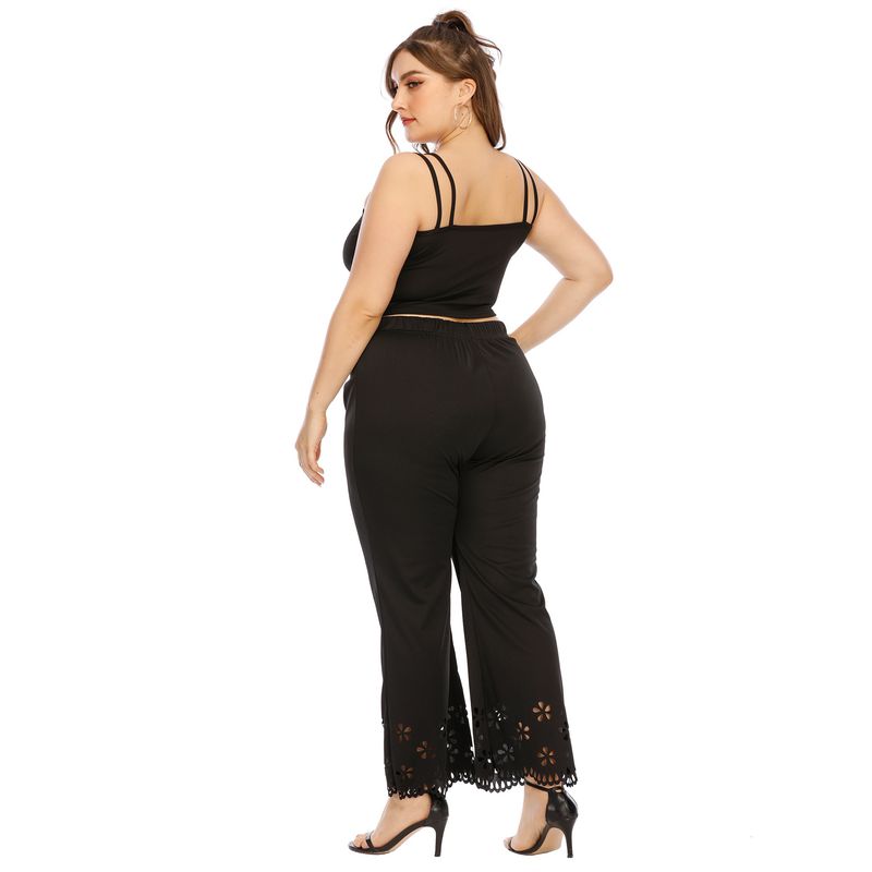 plus size women's hollowed-out burnt flower micro flared straight pants elastic waist casual pants_voghion.com