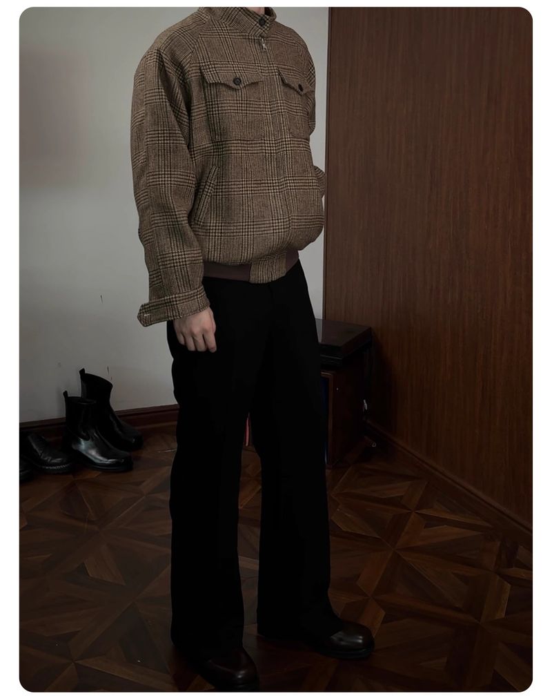 Klassische karierte Harrington-Jacke für Herren – Wollmischung, bequeme Passform, Stehkragen, Reißverschluss vorne, lange Ärmel, lässige Oberbekleidung für Herbst und Frühling_voghion.com