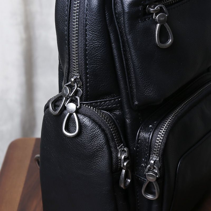 Black men's backpack, new casual leather small backpack, top layer cowhide chest bag, multifunctional travel crossbody bag_voghion.com