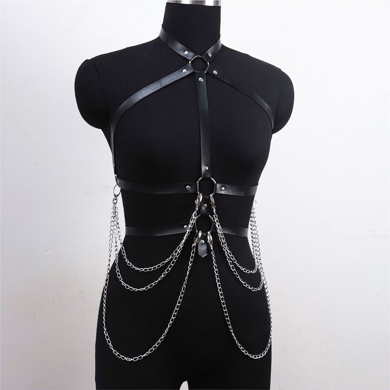 Leder Metall Körperkette Bralette Top Käfig Körpergeschirr Punk Gothic Strumpfband Gurt Verstellbar Fetisch Festival Tanz Rave Exotische Bondage Ausrüstung_voghion.com