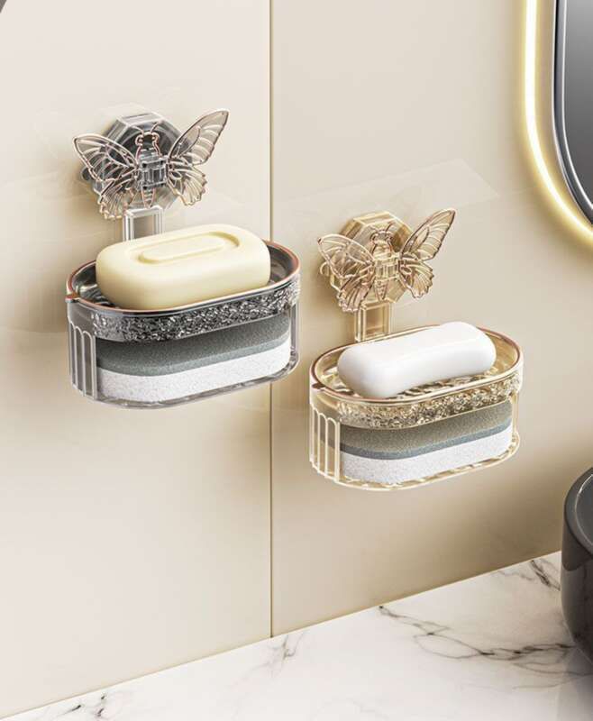 Butterfly Suction Cup Storage Rack, Home Kitchen, Bathroom, Non Perforated Wall Mounted Drainage Sponge Soap Box_voghion.com