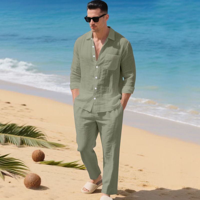 Set di pantaloni da spiaggia con risvolto semplice, camicia a maniche lunghe, tinta unita, stile europeo e americano, da uomo, stile autunnale, ampio e alla moda_voghion.com