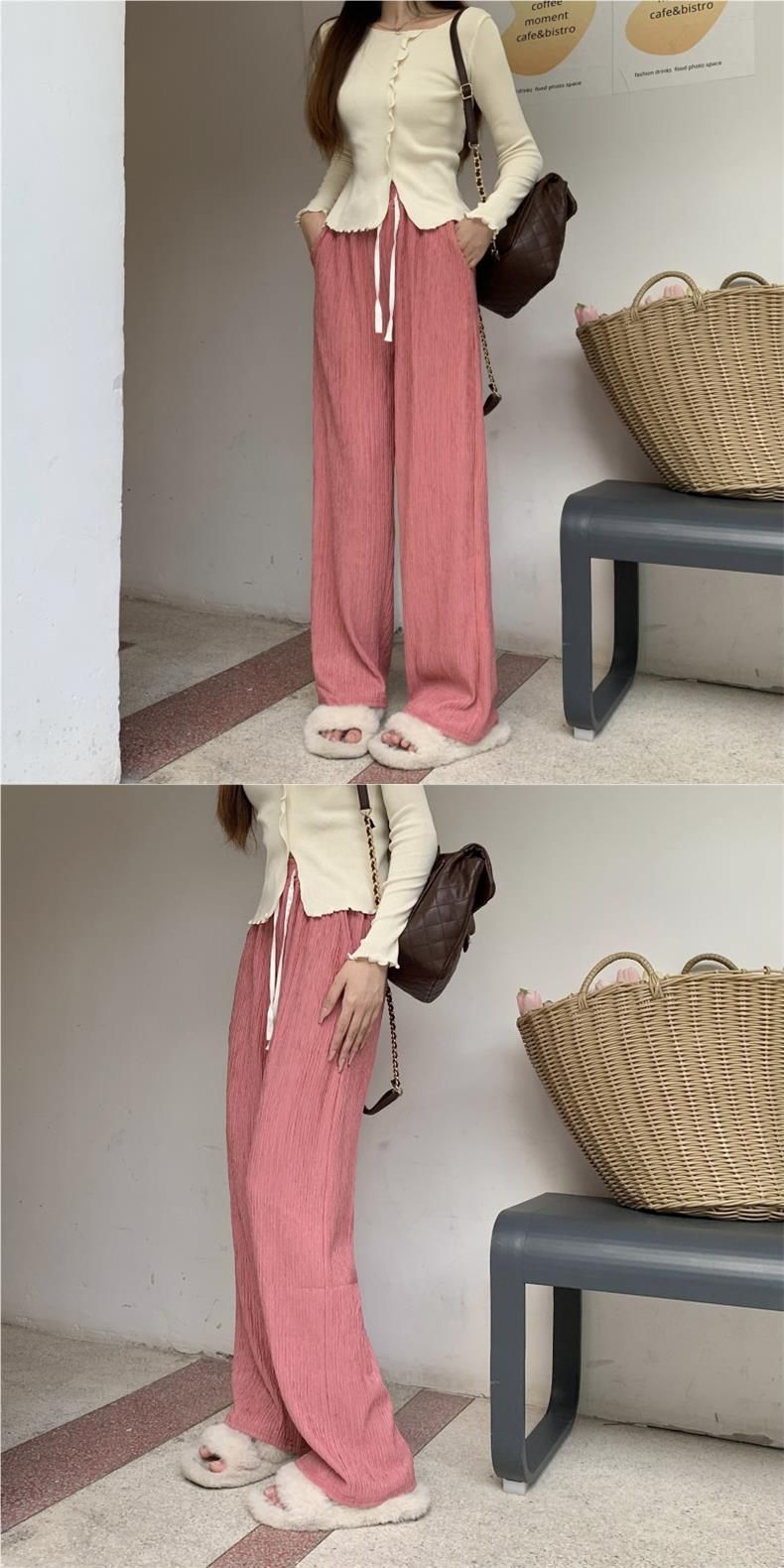 6012 # Pantalon de sol décontracté à taille haute pour femme, texture froissée, jambes larges, automne été_voghion.com
