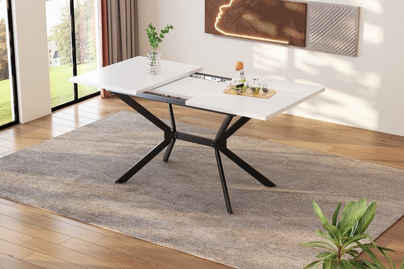 Table à manger extensible blanche 120/160 x 80 cm, table de cuisine rectangulaire avec pieds en métal noir, pour 4 à 6 personnes._voghion.com