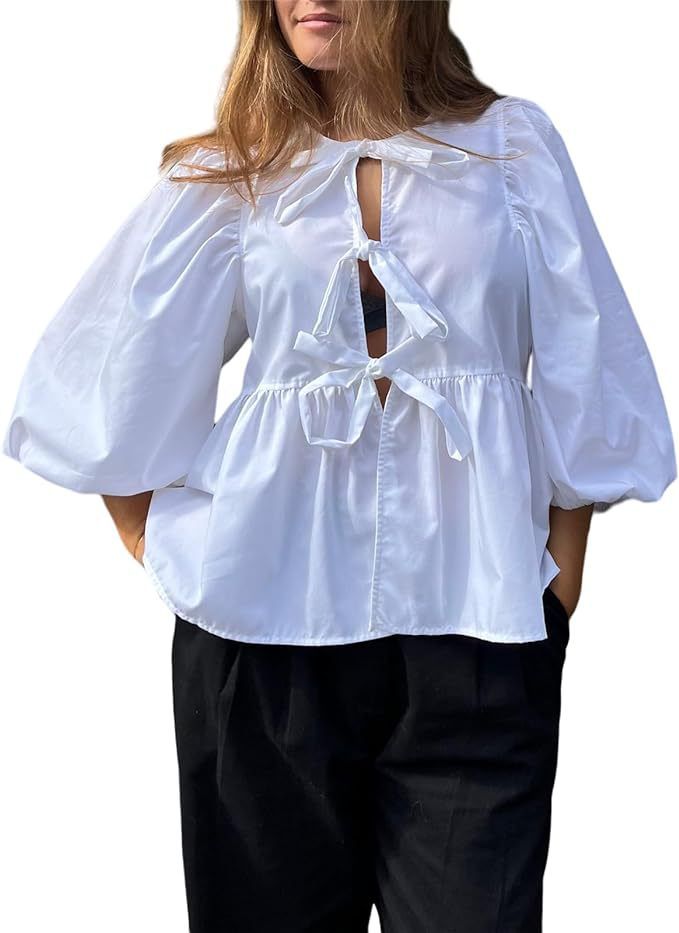 Women's Clothing Tie Front Top Leopard Print Ruffle Babydoll Top 3/4 Length Puff Sleeves_voghion.com