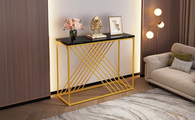 Console noire avec pieds dorés, 100 x 35 x 77 cm, table d'entrée en MDF brillant, table de couloir, buffet, table d'appoint, style vintage_voghion.com