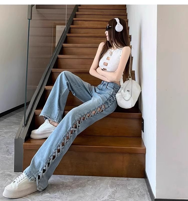 Abbigliamento da donna, design primaverile ed estivo, pantaloni sottili e versatili a vita alta lunghi fino al pavimento_voghion.com